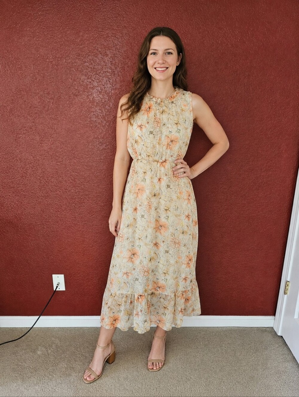 Sleeveless Floral Ruffle-Neck Maxi Dress in Peach